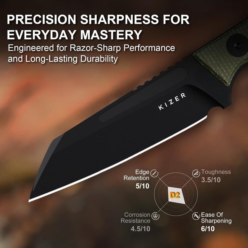 KIZER Phasmids Fixed Blade Knife with Sheath, 2.78" D2 Steel Full Tang Camping Knife with Green Micarta Handle, EDC Knives for Hiking 1079M1 - Image 5